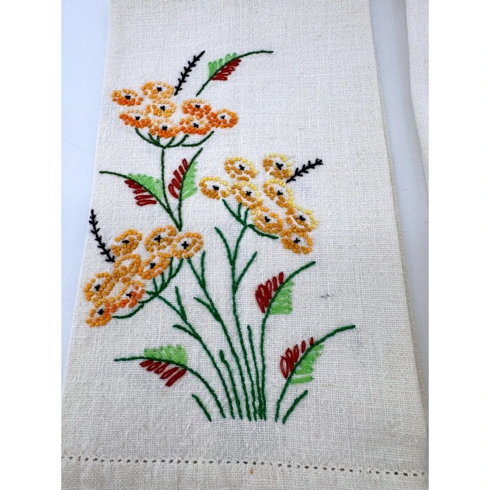 Hand Embroidered 3 Linen Tea Towels Cream Flamingo Butterfly Floral Needlepoint